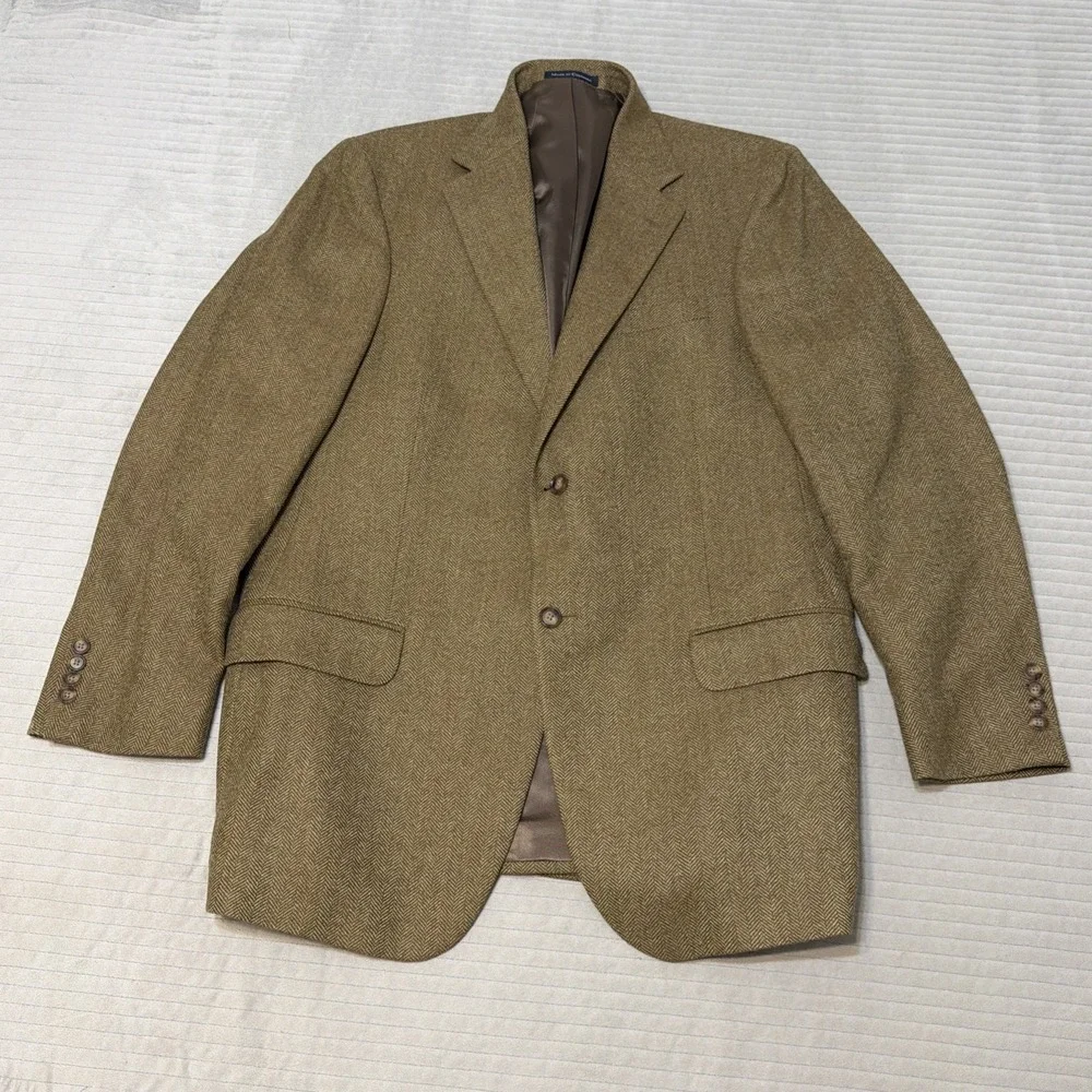 Lands End Brown Herringbone Sport Coat Mens 42R Tweed Wool Jacket Blazer